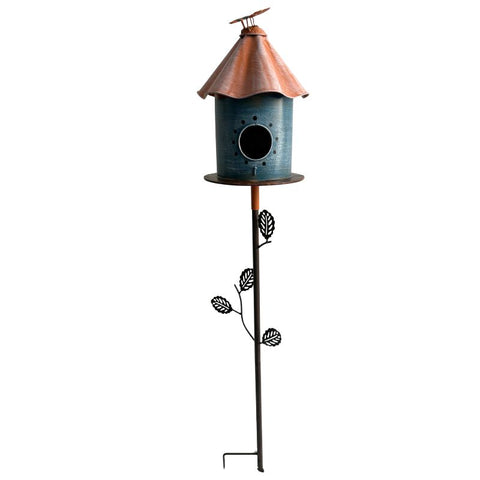 Birdhouse with Perched Bird on a Leafy Garden Stake