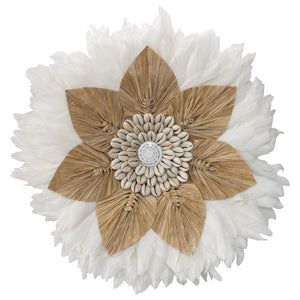 Handcrafted Round Hanging Feather & Shell ‘Flower’ Wall Art