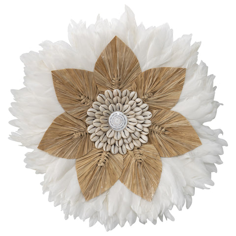 Handcrafted Round Hanging Feather & Shell ‘Flower’ Wall Art