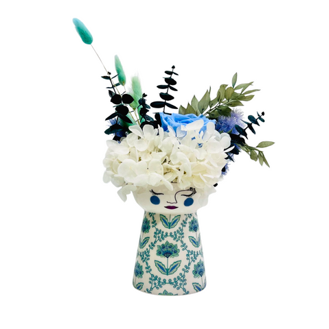 Petite Doll Vase Blue Chintz Dried Flower Arrangement